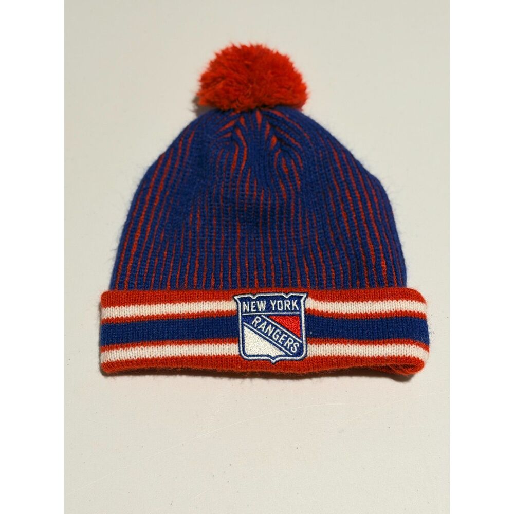 Vintage NHL New York Rangers Knit Beanie Hat Pom Cuffed Blue Red White